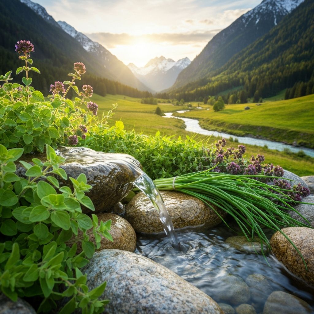 Bergquelle mit Kräutern